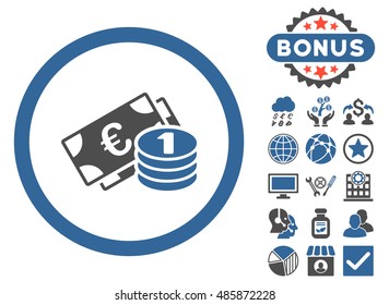 Euro Money icon with bonus pictures. Vector illustration style is flat iconic bicolor symbols, cobalt and gray colors, white background.
