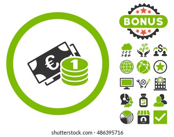 Euro Money icon with bonus pictures. Vector illustration style is flat iconic bicolor symbols, eco green and gray colors, white background.