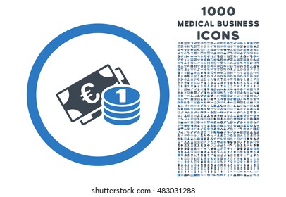 Euro Money rounded vector bicolor icon with 1000 medical business icons. Set style is flat pictograms, smooth blue colors, white background.