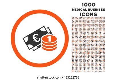 Euro Money rounded vector bicolor icon with 1000 medical business icons. Set style is flat pictograms, orange and gray colors, white background.