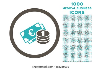 Euro Money rounded vector bicolor icon with 1000 medical business icons. Set style is flat pictograms, grey and cyan colors, white background.