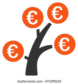 Euro Money Tree icon. Vector style is bicolor flat iconic symbol with rounded angles, orange and gray colors, white background.