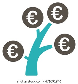 Euro Money Tree icon. Vector style is bicolor flat iconic symbol with rounded angles, grey and cyan colors, white background.