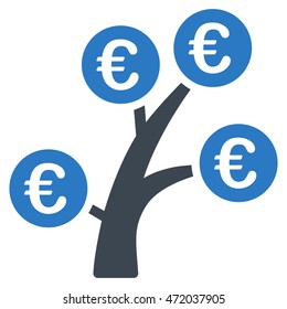 Euro Money Tree icon. Vector style is bicolor flat iconic symbol with rounded angles, smooth blue colors, white background.