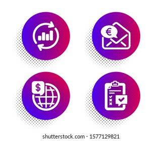 Euro money, Update data and World money icons simple set. Halftone dots button. Checklist sign. Receive cash, Sales chart, Global markets. Survey. Finance set. Classic flat euro money icon. Vector