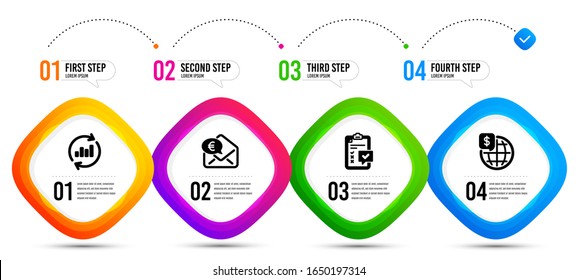 Dinero en euros, Actualizar datos e iconos del dinero mundial conjunto simple. Infografía de la línea de tiempo. Signo de lista de comprobación. Recibir efectivo, cuadro de ventas, mercados globales. Encuesta. Juego de finanzas. Vector