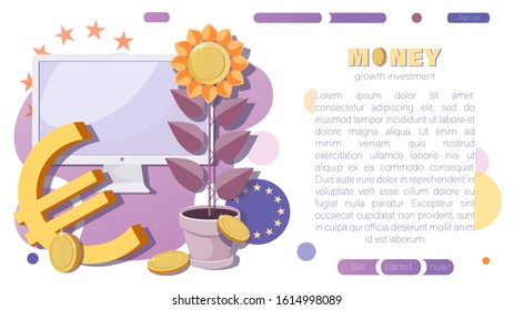 Euro. Money vector background. E-commerce. Money tree, computer, gold coins. The concept of financial growth, economic or market growth. Vector illustration.
