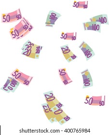 Euro money vector illustration. Twenty, fifty, one hundred Euro banknotes flying.