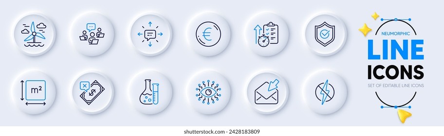 Euro money, Windmill and Open mail line icons for web app. Pack of Antistatic, Artificial intelligence, Square area pictogram icons. Approved shield, Sms, Chemistry lab signs. Teamwork. Vector