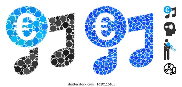 Euro music notes composition of spheric dots in various sizes and color tinges, based on Euro music notes icon. Vector dots are grouped into blue composition.