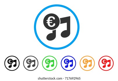 Euro Music Notes rounded icon. Style is a flat euro music notes gray symbol inside light blue circle with black, gray, green, blue, red, orange color versions.