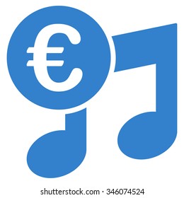 Euro Music Notes vector icon. Style is flat symbol, cobalt color, rounded angles, white background.