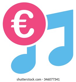 Euro Music Notes vector icon. Style is bicolor flat symbol, pink and blue colors, rounded angles, white background.