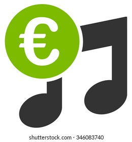 Euro Music Notes vector icon. Style is bicolor flat symbol, eco green and gray colors, rounded angles, white background.