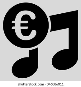 Euro Music Notes vector icon. Style is flat symbol, black color, rounded angles, light gray background.