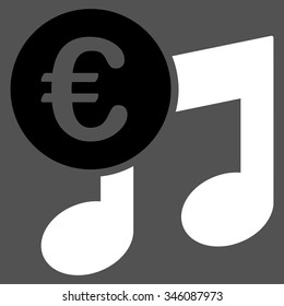 Euro Music Notes vector icon. Style is bicolor flat symbol, black and white colors, rounded angles, gray background.