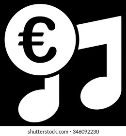 Euro Music Notes vector icon. Style is flat symbol, white color, rounded angles, black background.