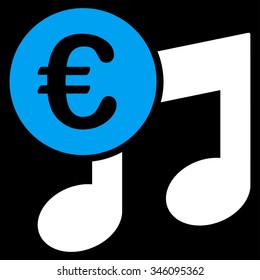 Euro Music Notes vector icon. Style is bicolor flat symbol, blue and white colors, rounded angles, black background.