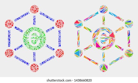 Euro network collage icon of triangle elements which have various sizes and shapes and colors. Geometric abstract vector design concept of euro network.