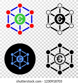 Euro network EPS vector icon with contour, black and colored versions. Illustration style is flat iconic symbol on chess transparent background.