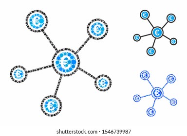 Euro network structure mosaic of circle elements in variable sizes and color hues, based on Euro network structure icon. Vector circle elements are united into blue mosaic.