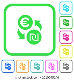 Euro new Shekel money exchange vivid colored flat icons in curved borders on white background