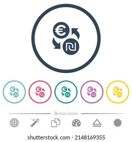 Euro New Shekel Money Exchange Flat Color Icons In Round Outlines. 6 Bonus Icons Included.