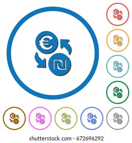 Euro new Shekel money exchange flat color vector icons with shadows in round outlines on white background