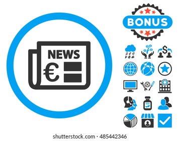 Euro Newspaper icon with bonus pictures. Vector illustration style is flat iconic bicolor symbols, blue and gray colors, white background.