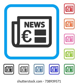 Euro Newspaper icon. Flat gray pictogram symbol in a light blue rounded squared frame. Black, gray, green, blue, red, orange color versions of Euro Newspaper vector.