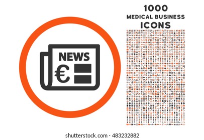 Euro Newspaper rounded vector bicolor icon with 1000 medical business icons. Set style is flat pictograms, orange and gray colors, white background.