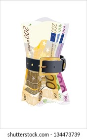 euro notes squeezed by leather belt on a white background