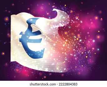 Euro, on vector 3d flag on pink purple background with lighting and flares