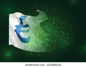 Euro, en el indicador vectorial 3d sobre fondo verde con polígonos y números de datos