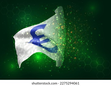 Euro, on vector 3d flag on green background with polygons and data numbers