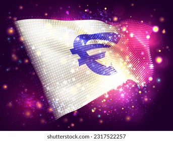 Euro, on vector 3d flag on pink purple background with lighting and flares