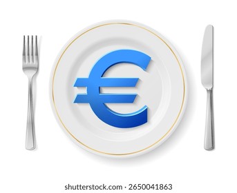 Euro is on white plate with fork and knife, top view. Dinner plate with euro sign inside and cutlery set on sides. Vector illustration for banking, financial industry, economy, forex, currency markets
