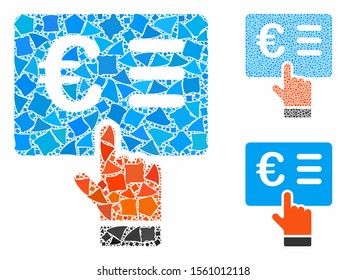 Euro order composition of uneven pieces in different sizes and color tones, based on euro order icon. Vector uneven pieces are composed into illustration. Euro order icons collage with dotted pattern.
