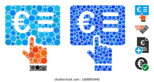 Euro order mosaic of circle elements in various sizes and shades, based on euro order icon. Vector circle elements are organized into blue collage. Dotted euro order icon in usual and blue versions.