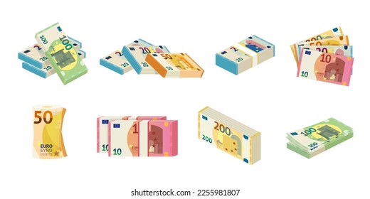 Euro paper cash money set vector illustration. Cartoon isolated European currency collection with isometric rolls and bundles, fan of banknote and piles of Euro bills in wad with banking tape