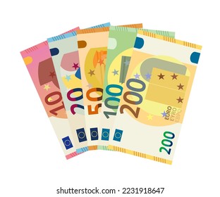 Euro paper money fan vector illustration. Cartoon isolated stack of European banknotes of different denomination, 10 20 50 100 200 euros, currency bills of savings in Europe and heap of money svg