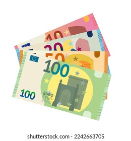 Euro paper money set vector illustration. Cartoon isolated European banknotes collection and fan of bills in denominations of 10, 20, 50 and 100 euros, front view of cash currency pile from Europe svg