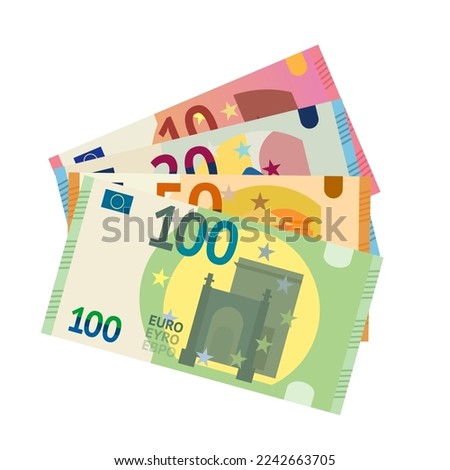 Euro paper money set vector illustration. Cartoon isolated European banknotes collection and fan of bills in denominations of 10, 20, 50 and 100 euros, front view of cash currency pile from Europe