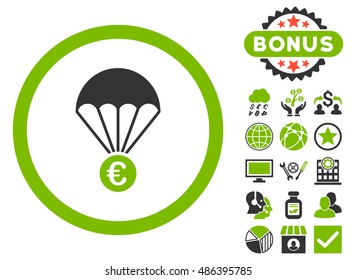 Euro Parachute icon with bonus elements. Vector illustration style is flat iconic bicolor symbols, eco green and gray colors, white background.