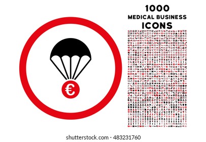 Euro Parachute rounded vector bicolor icon with 1000 medical business icons. Set style is flat pictograms, intensive red and black colors, white background.