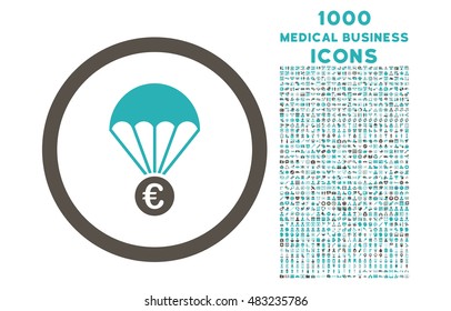 Euro Parachute rounded vector bicolor icon with 1000 medical business icons. Set style is flat pictograms, grey and cyan colors, white background.