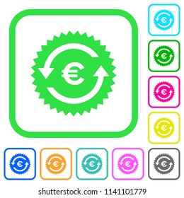 Euro pay back guarantee sticker vivid colored flat icons in curved borders on white background