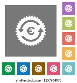 Euro pay back guarantee sticker flat icons on simple color square backgrounds