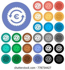Euro pay back guarantee sticker multi colored flat icons on round backgrounds. Included white, light and dark icon variations for hover and active status effects, and bonus shades on black backgounds.