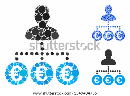 Euro payer mosaic of round dots in various sizes and color hues, based on Euro payer icon. Vector dots are grouped into blue mosaic. Dotted Euro payer icon in usual and blue versions.